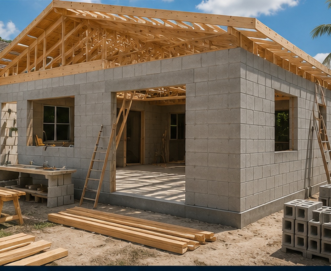 Florida concrete block home addition with wood roof trusses