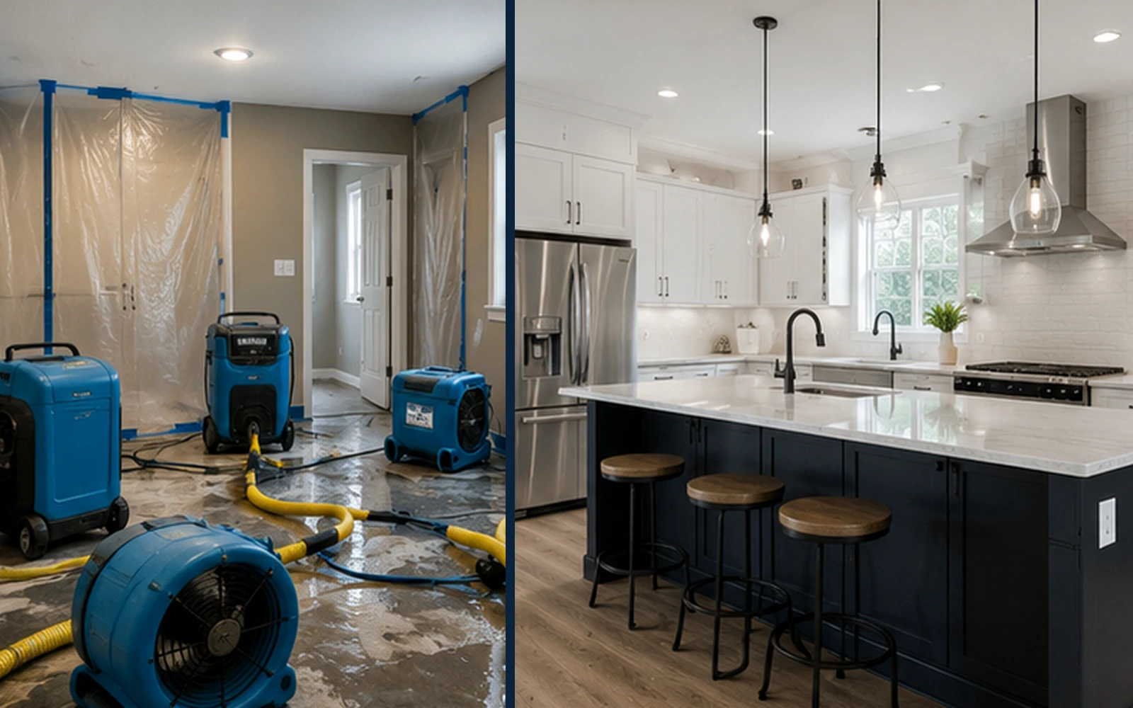Water damage restoration and rebuilt kitchen project