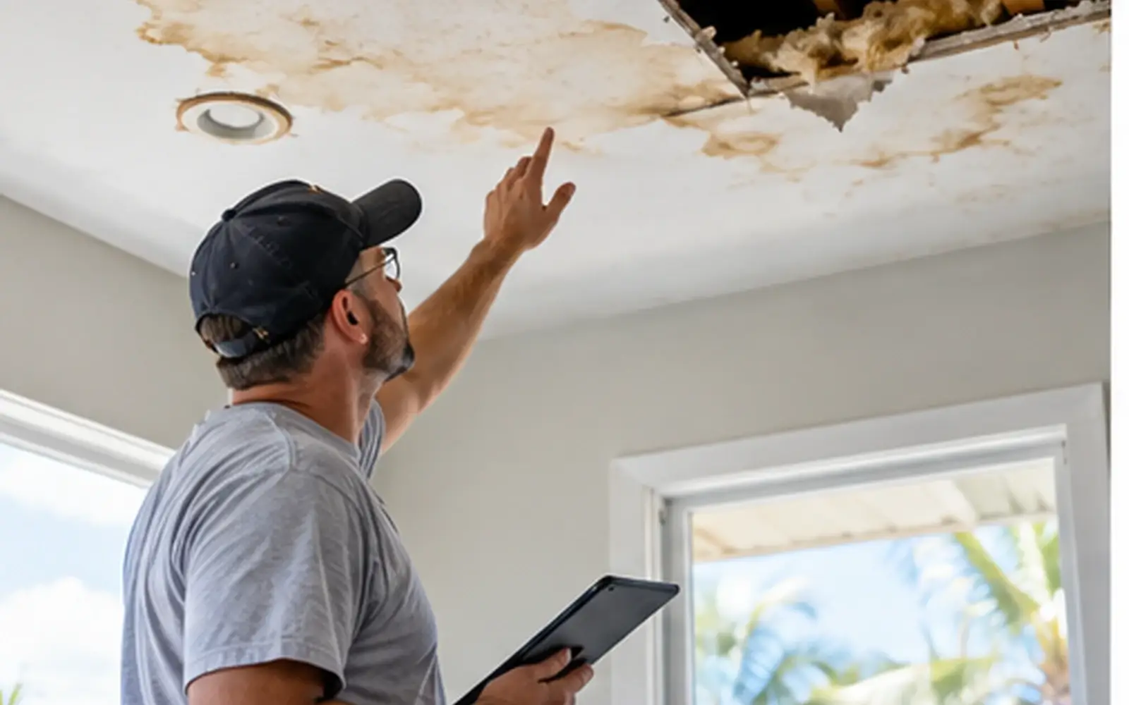 Drywall and ceiling damage being evaluated before repair