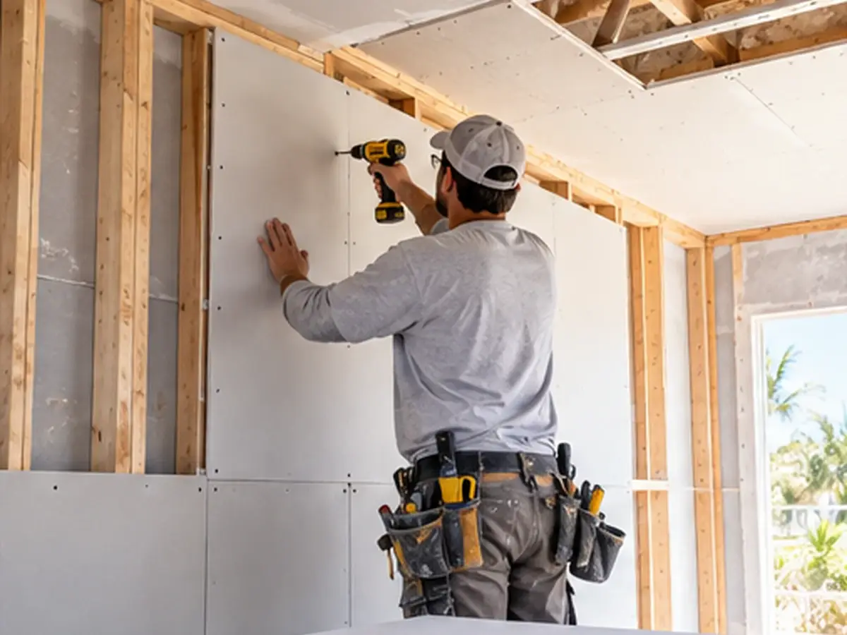 New drywall sheet installation during remodeling