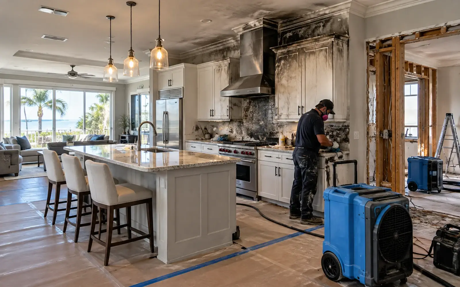 Smoke and soot damaged kitchen during protected cleanup and reconstruction work