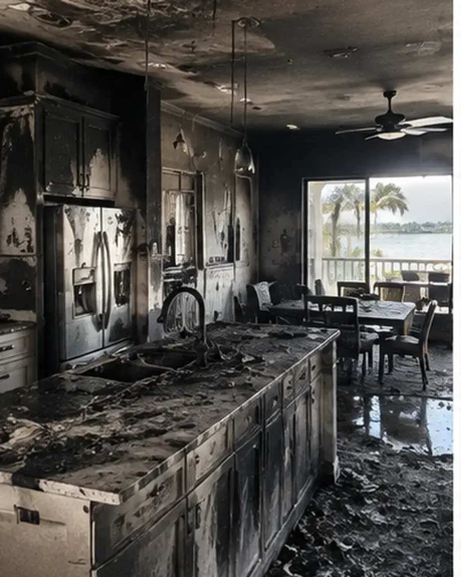 Kitchen with fire and soot damage before construction repair