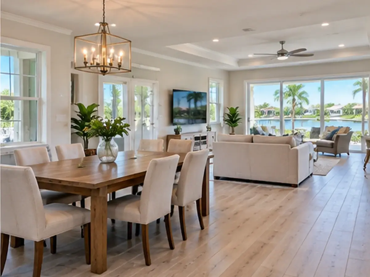 A completed dining and living area after remodeling