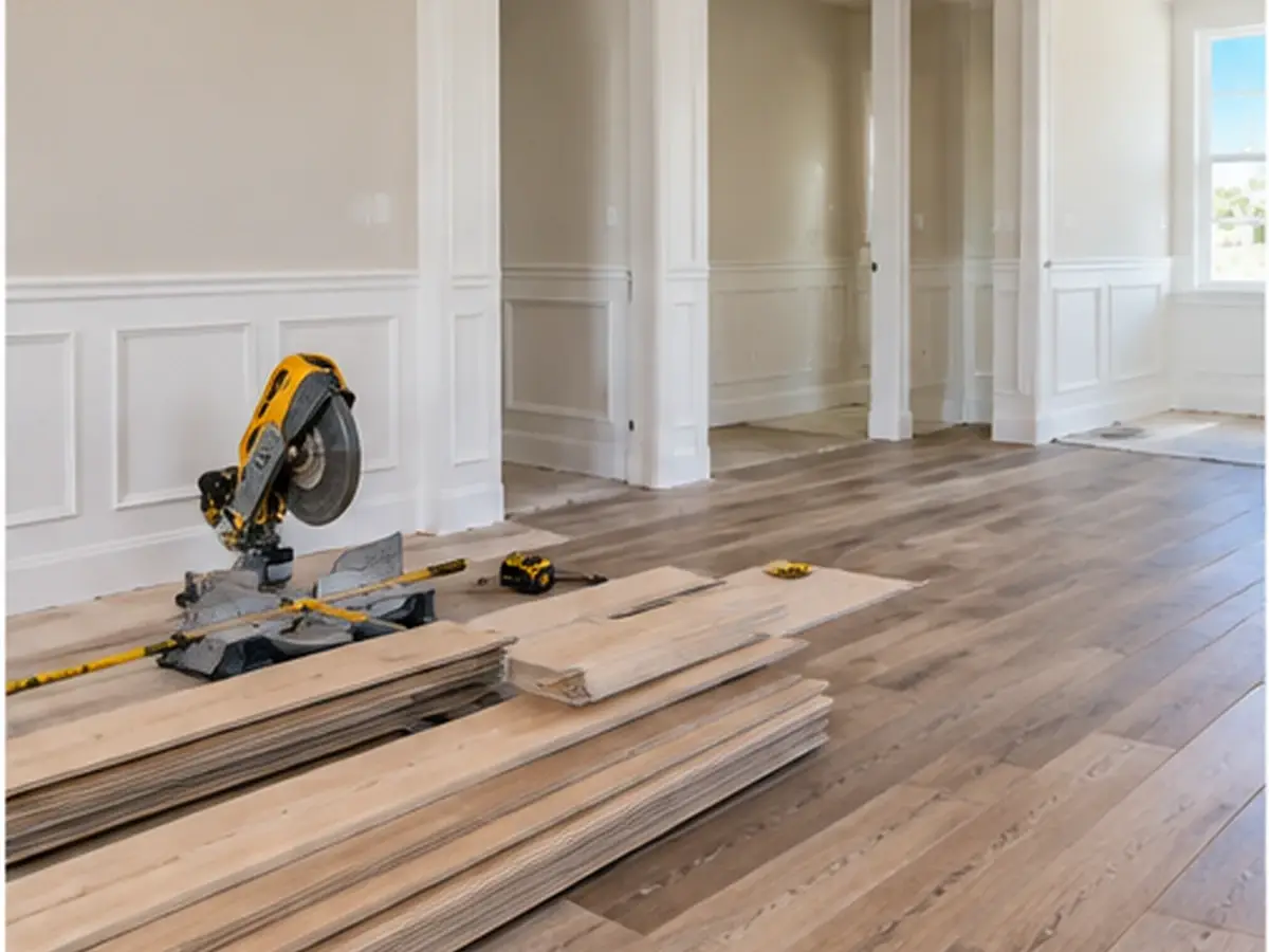 Flooring and trim installation during an interior remodel