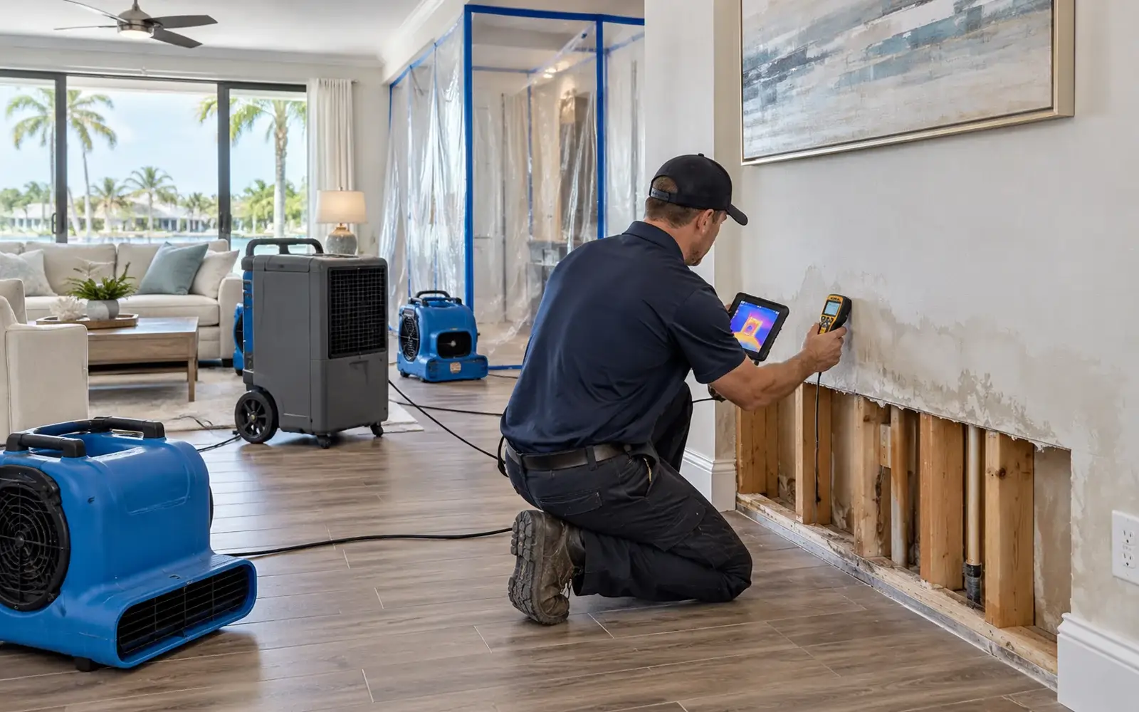 Technician checking moisture in an opened wall beside containment and drying equipment
