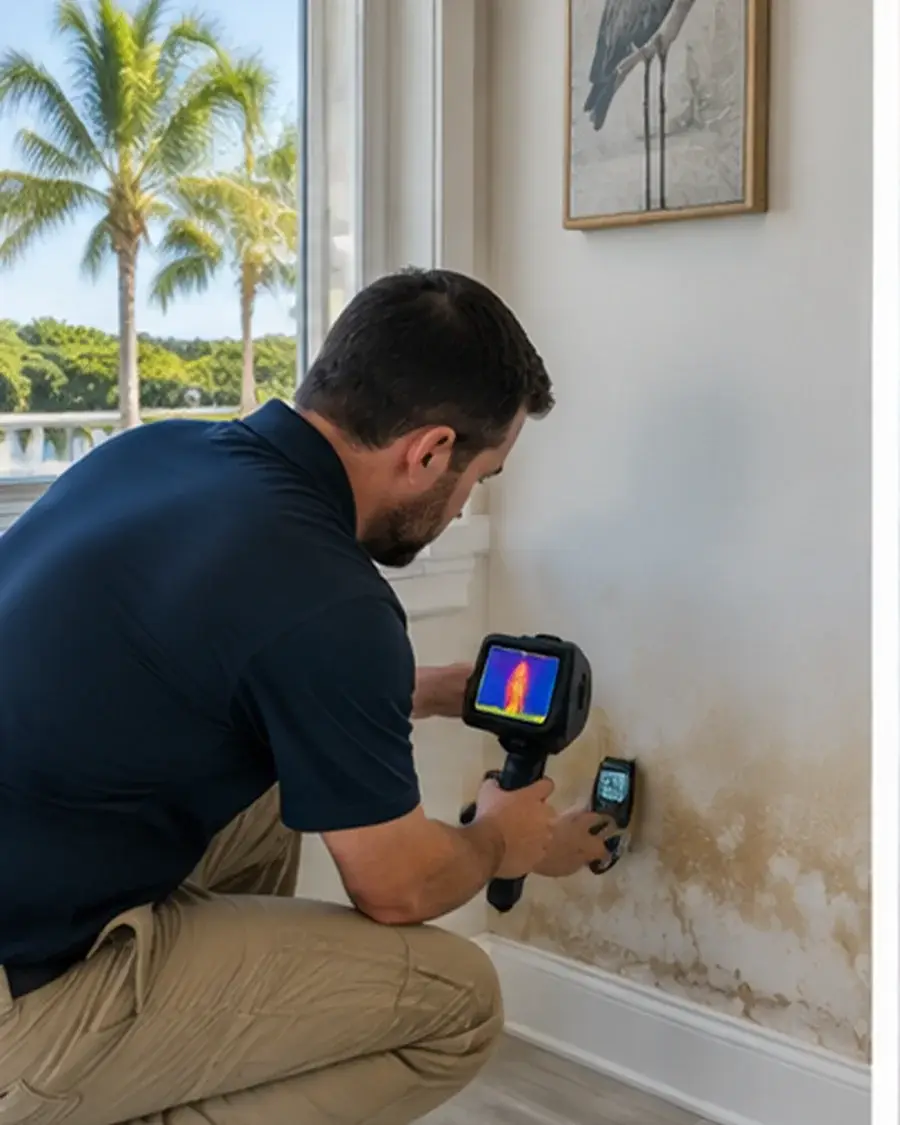 Moisture inspection of a stained interior wall using thermal and handheld meters