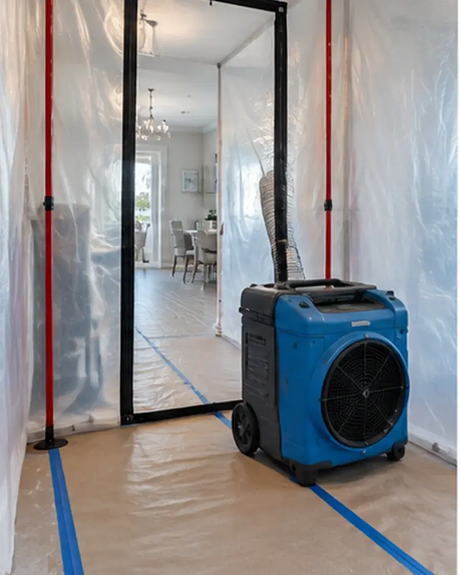 Protected containment area with air scrubber during moisture-related construction work