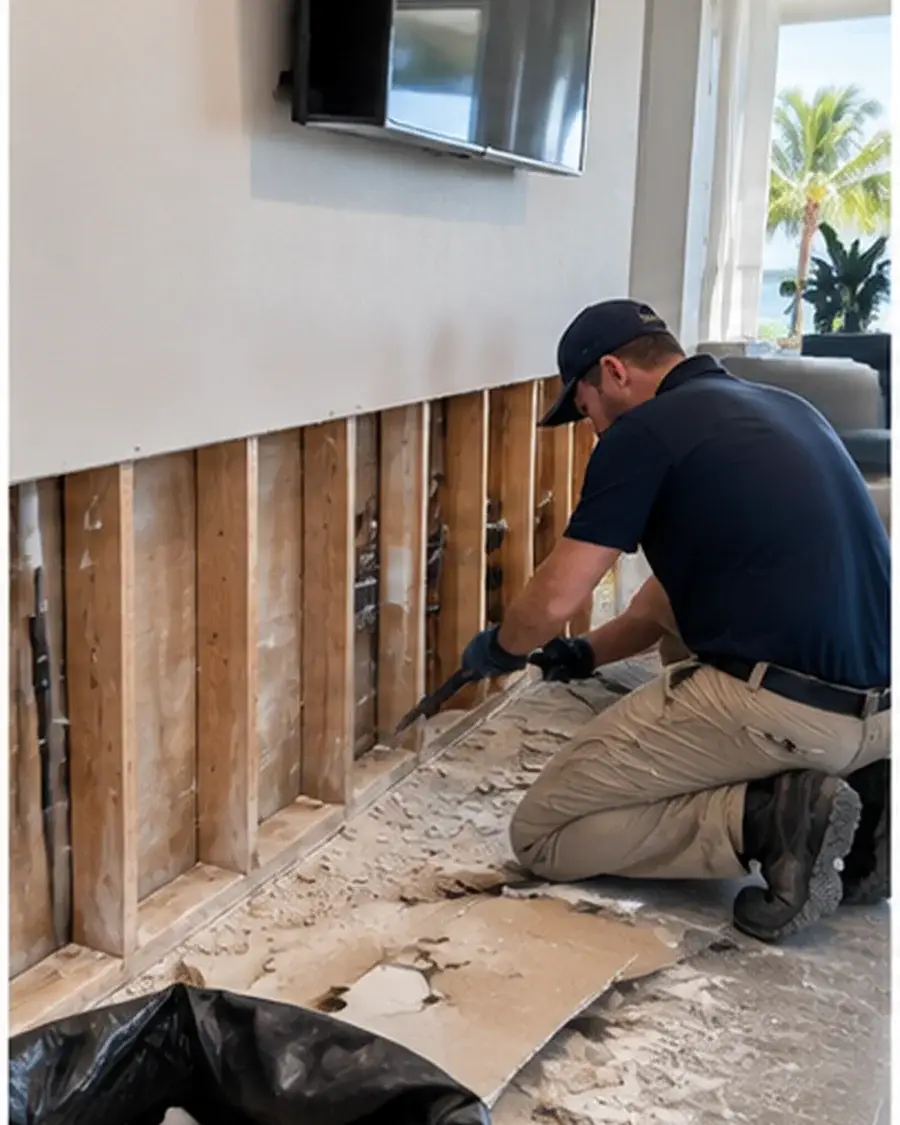Selective drywall removal exposing a moisture-affected wall assembly