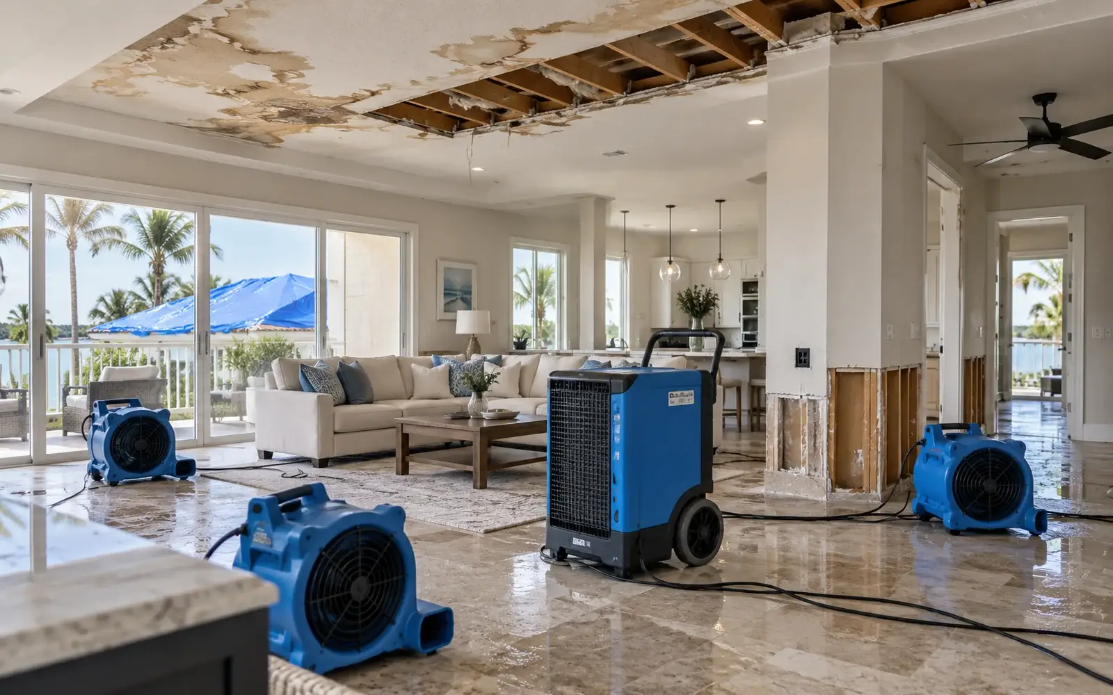 Storm water damage inside a coastal home with drying equipment and temporary roof protection visible outside