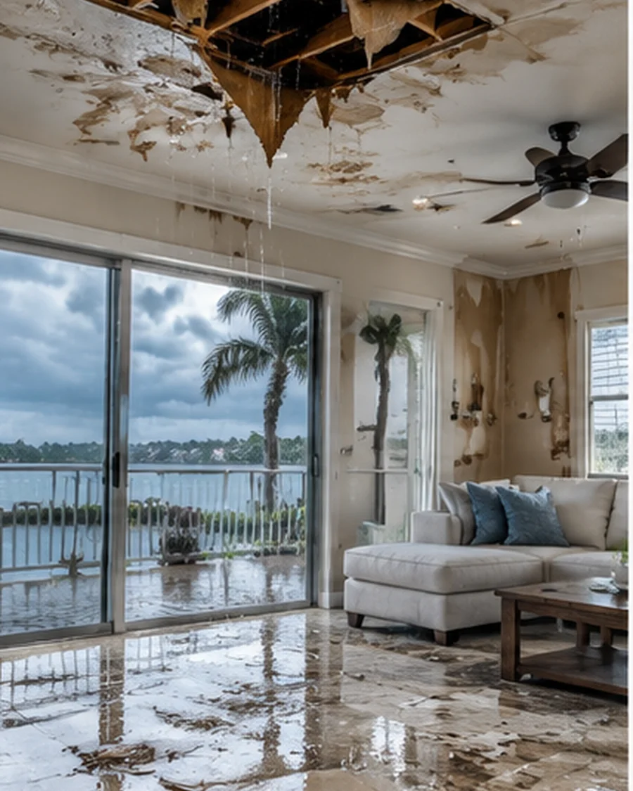 Ceiling and interior water damage after storm-driven rain intrusion