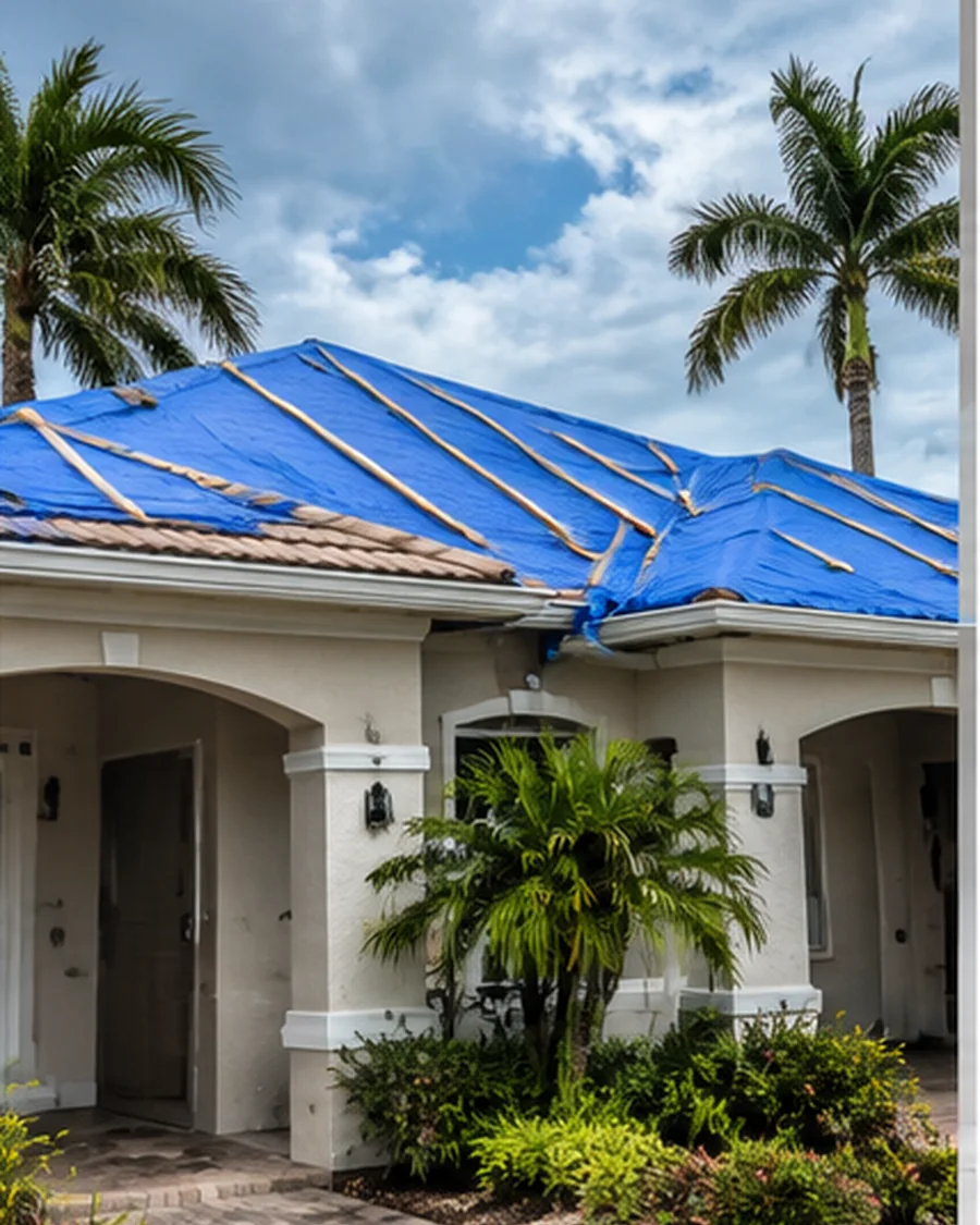 Temporary blue roof tarp protecting a Southwest Florida home after storm damage