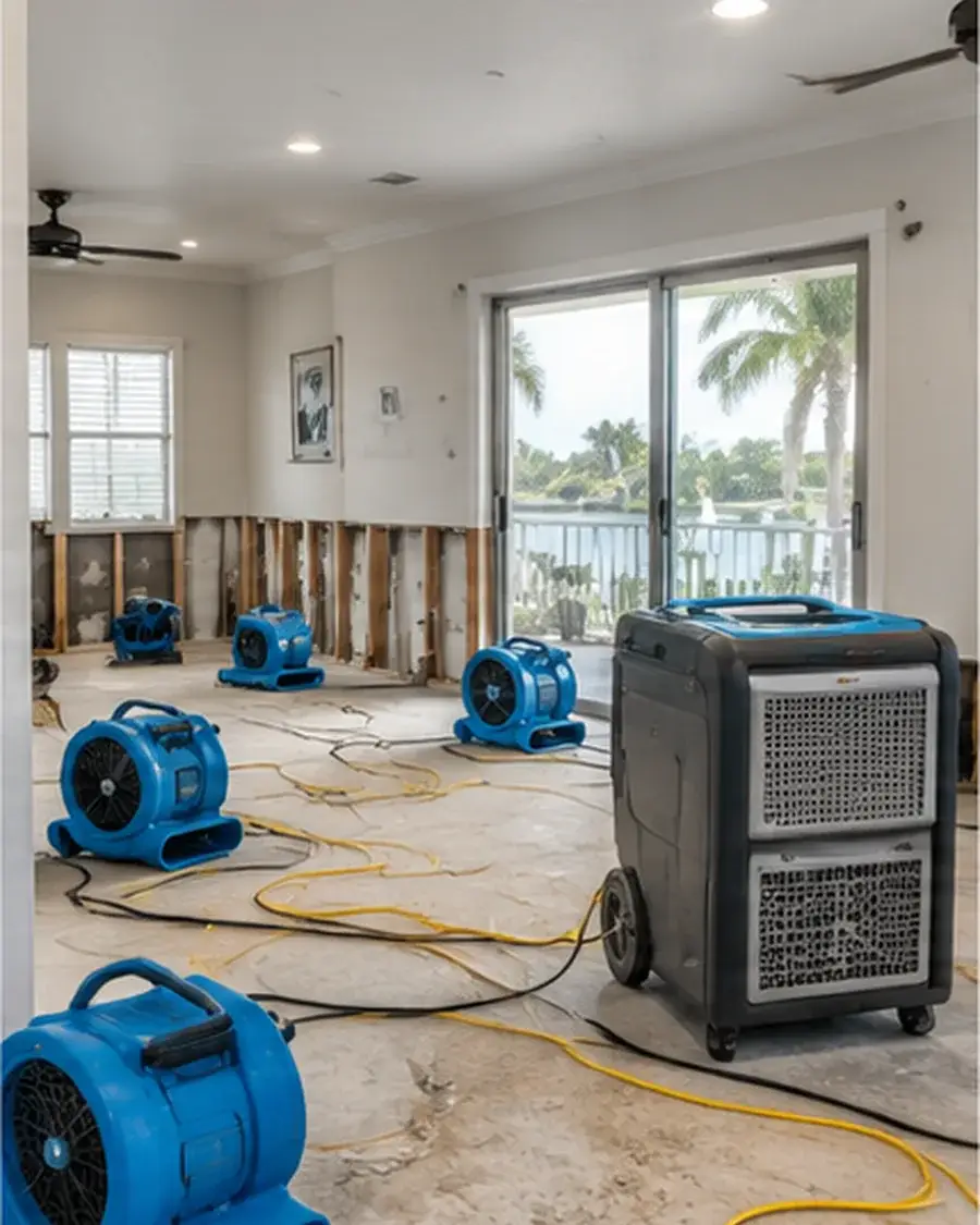Air movers and dehumidifier drying an interior after storm water intrusion