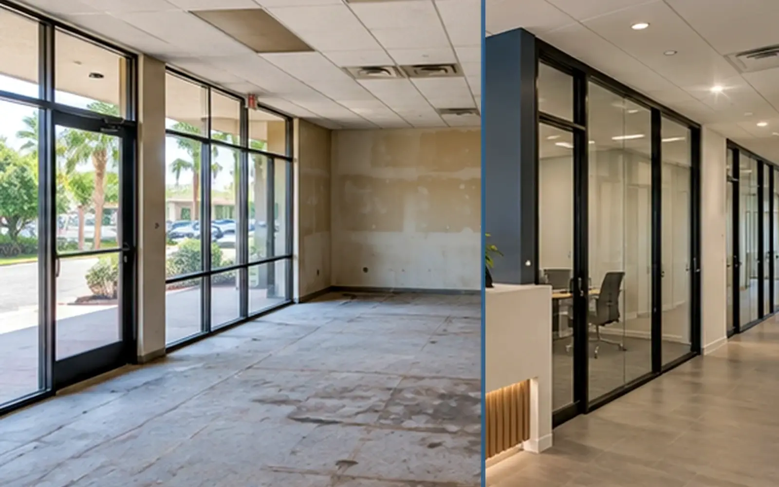 Illustration comparing an existing commercial space with a completed tenant build-out