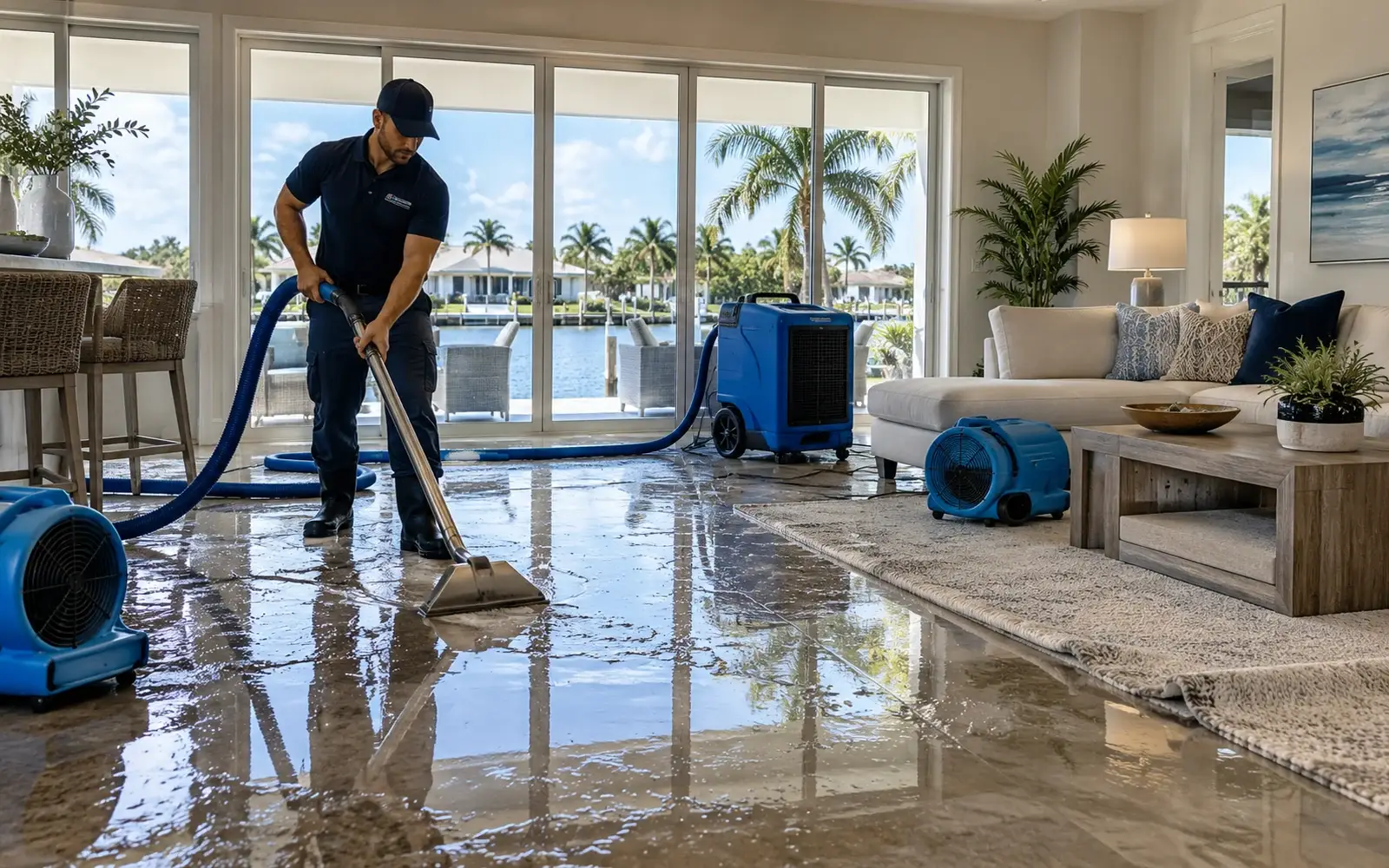 Water extraction with air movers and dehumidification equipment in a Southwest Florida living room