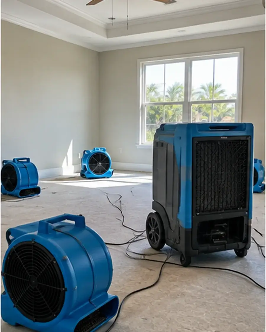 Air movers and dehumidification equipment drying a water-damaged room