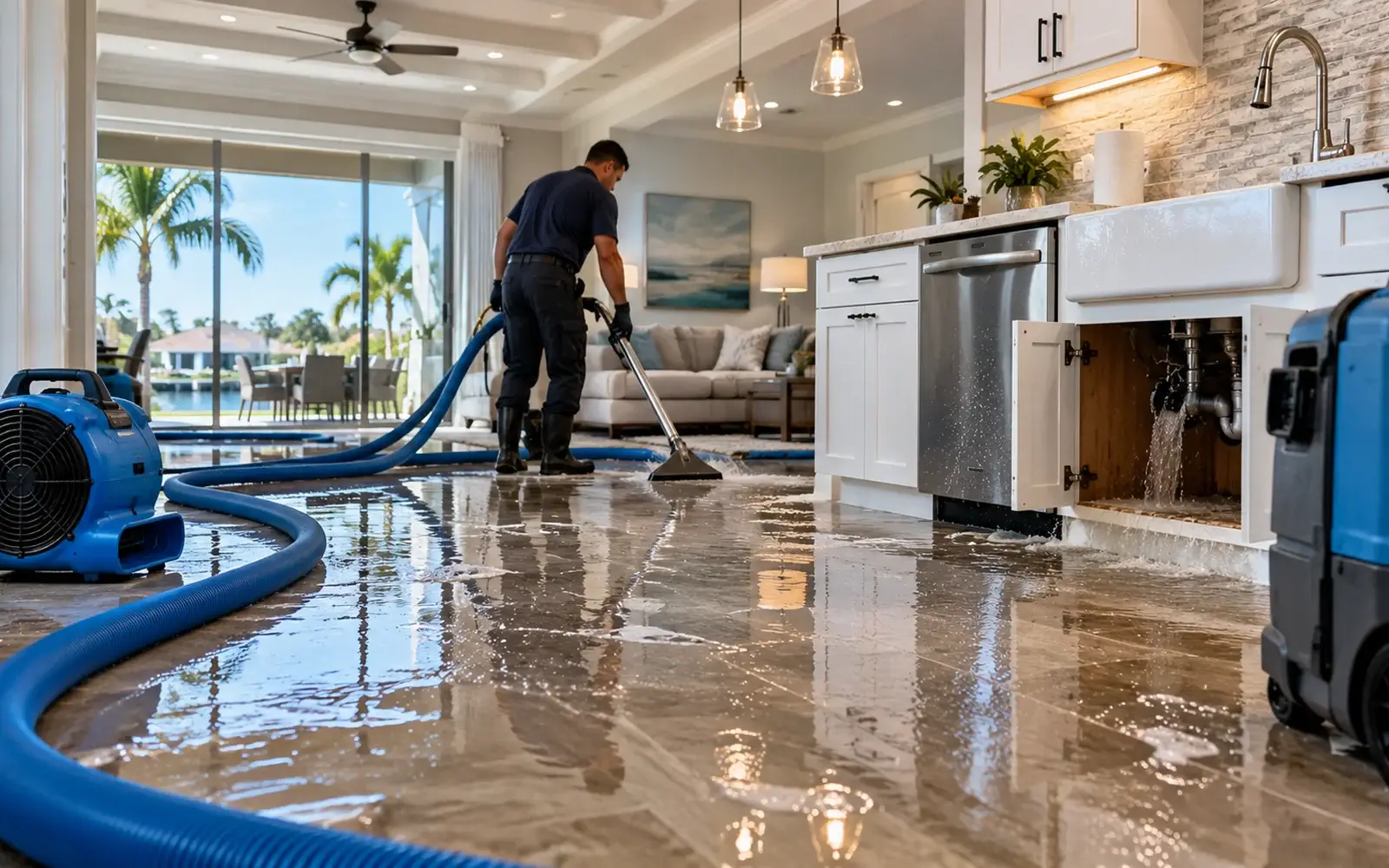 Emergency water extraction in a flooded kitchen and living area after an active plumbing leak