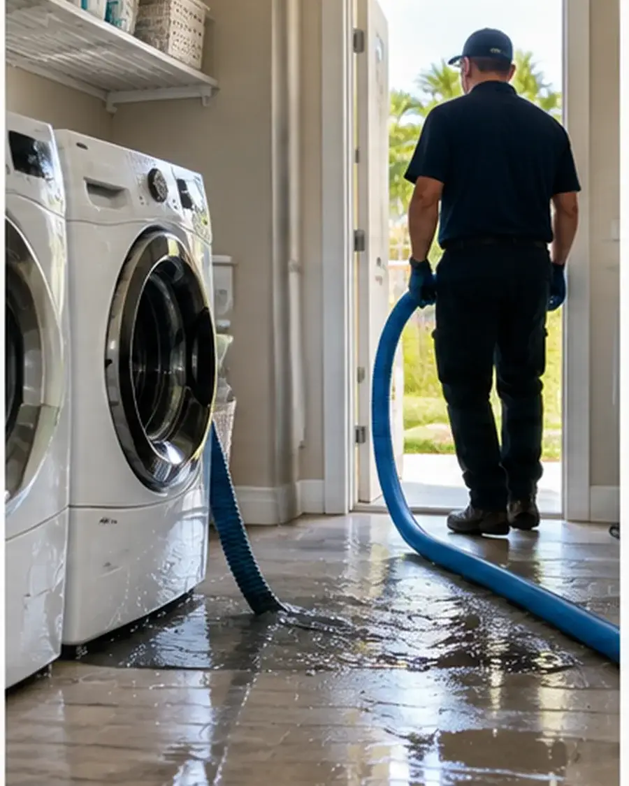Water cleanup equipment in a flooded laundry area after an appliance leak