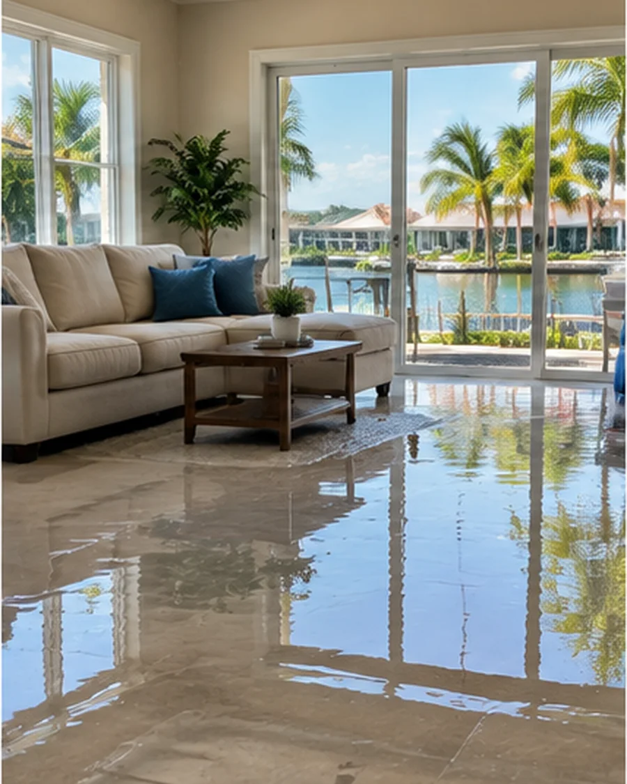 Standing water across a living room floor before extraction