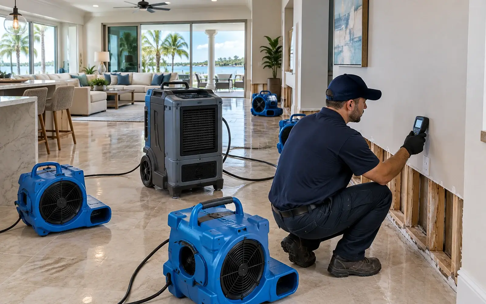Technician measuring wall moisture beside air movers and a dehumidifier during structural drying