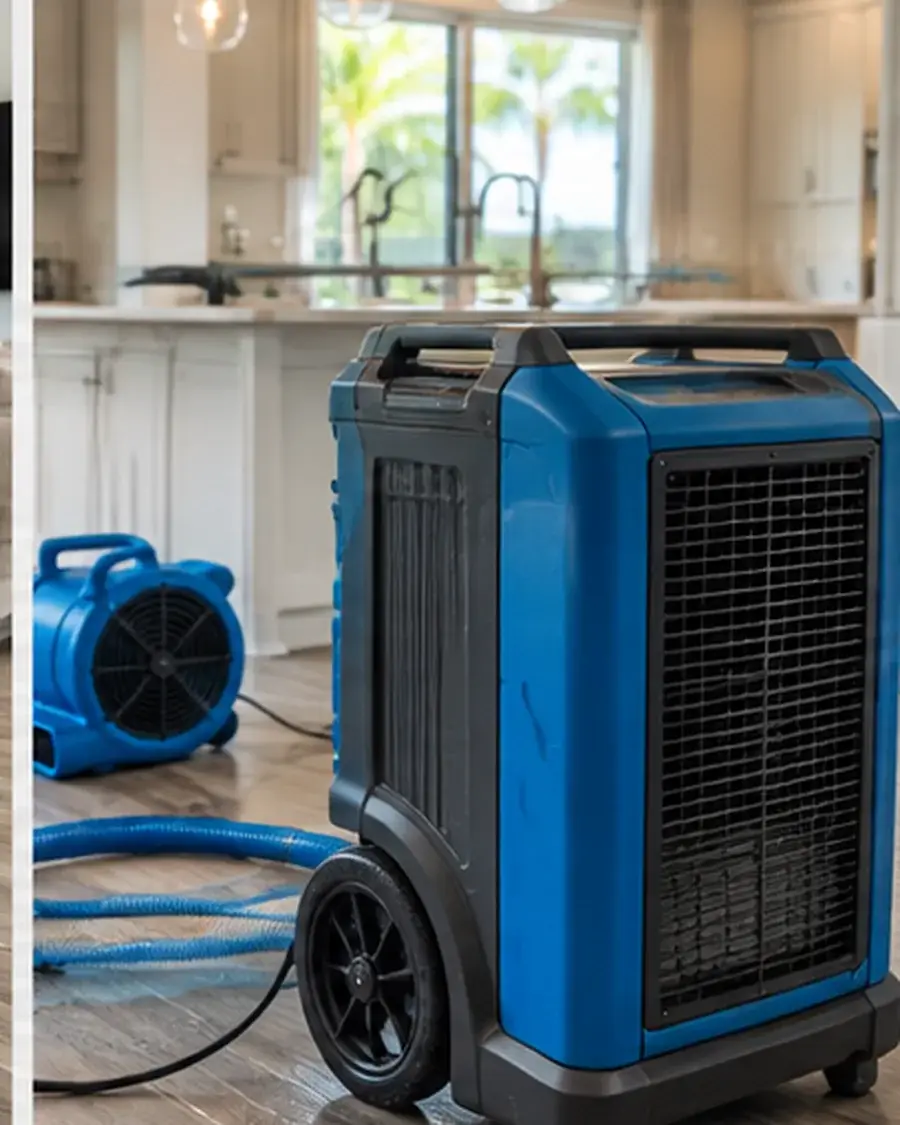 Dehumidifier operating with air movers during a water mitigation dry-out