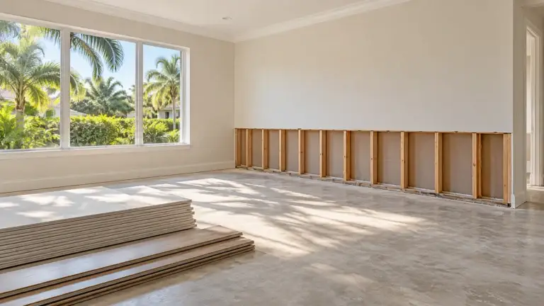 Illustration of a room after water-damage drying, with lower drywall removed and materials ready for repair