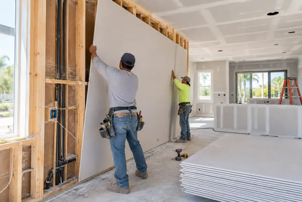 Drywall sheet installation during a Southwest Florida home remodeling project